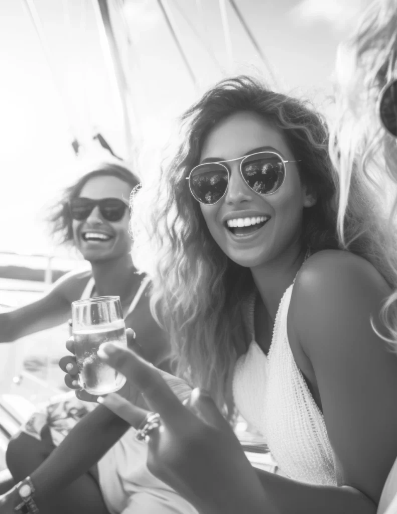 Two women laughing together on a boat, in black and white