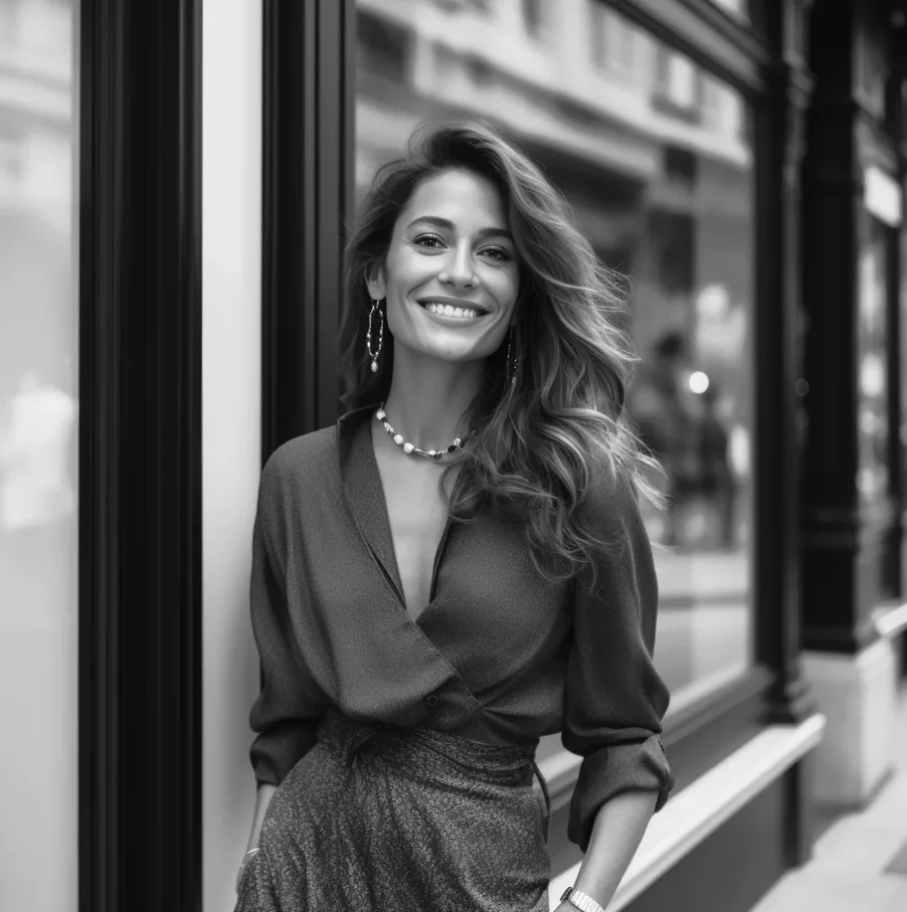 Smiling woman in a black and white portrait